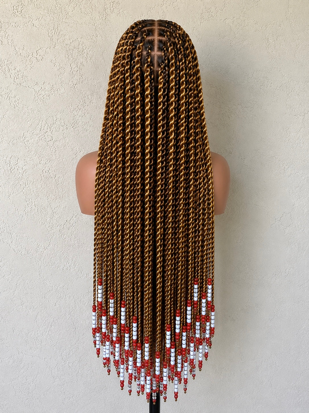 Long Senegalese Twists Full Lace Wig with Red & White Beads | Handmade Braided Wig