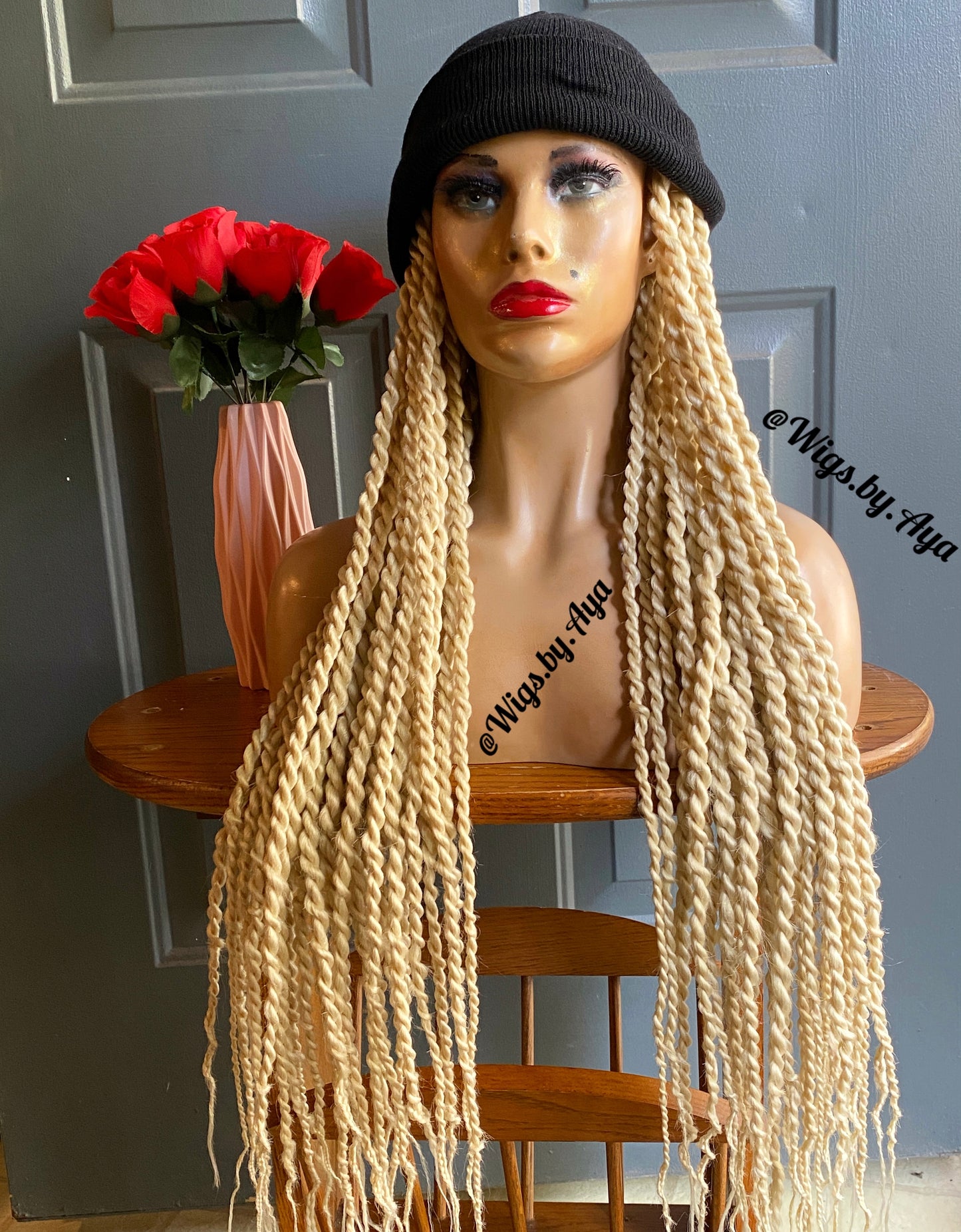 Beanie Hat wig with twists braids. Hat wig twists braids.