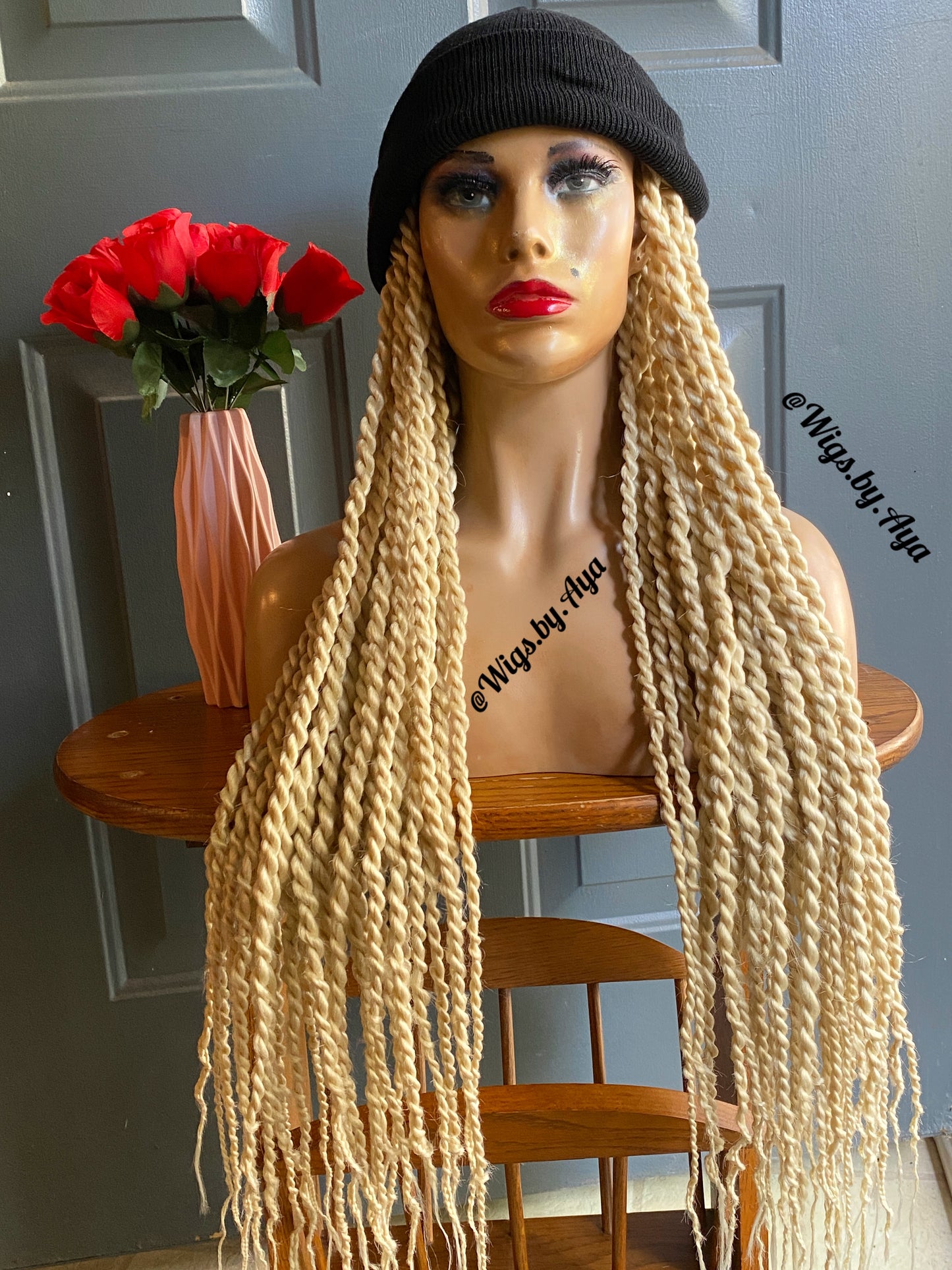 Beanie Hat wig with twists braids. Hat wig twists braids.