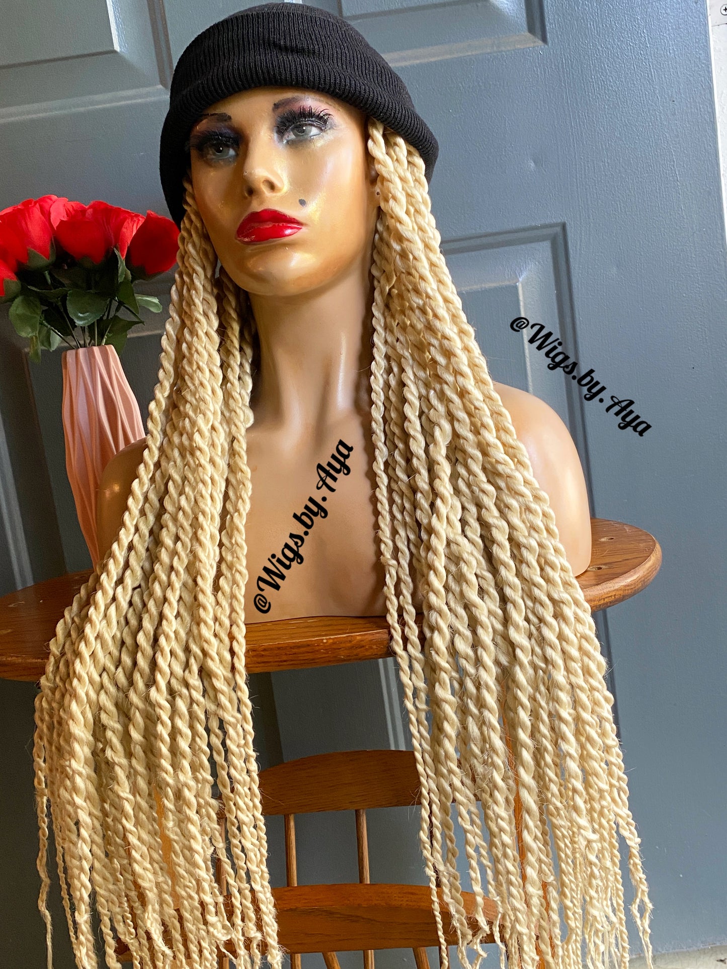 Beanie Hat wig with twists braids. Hat wig twists braids.