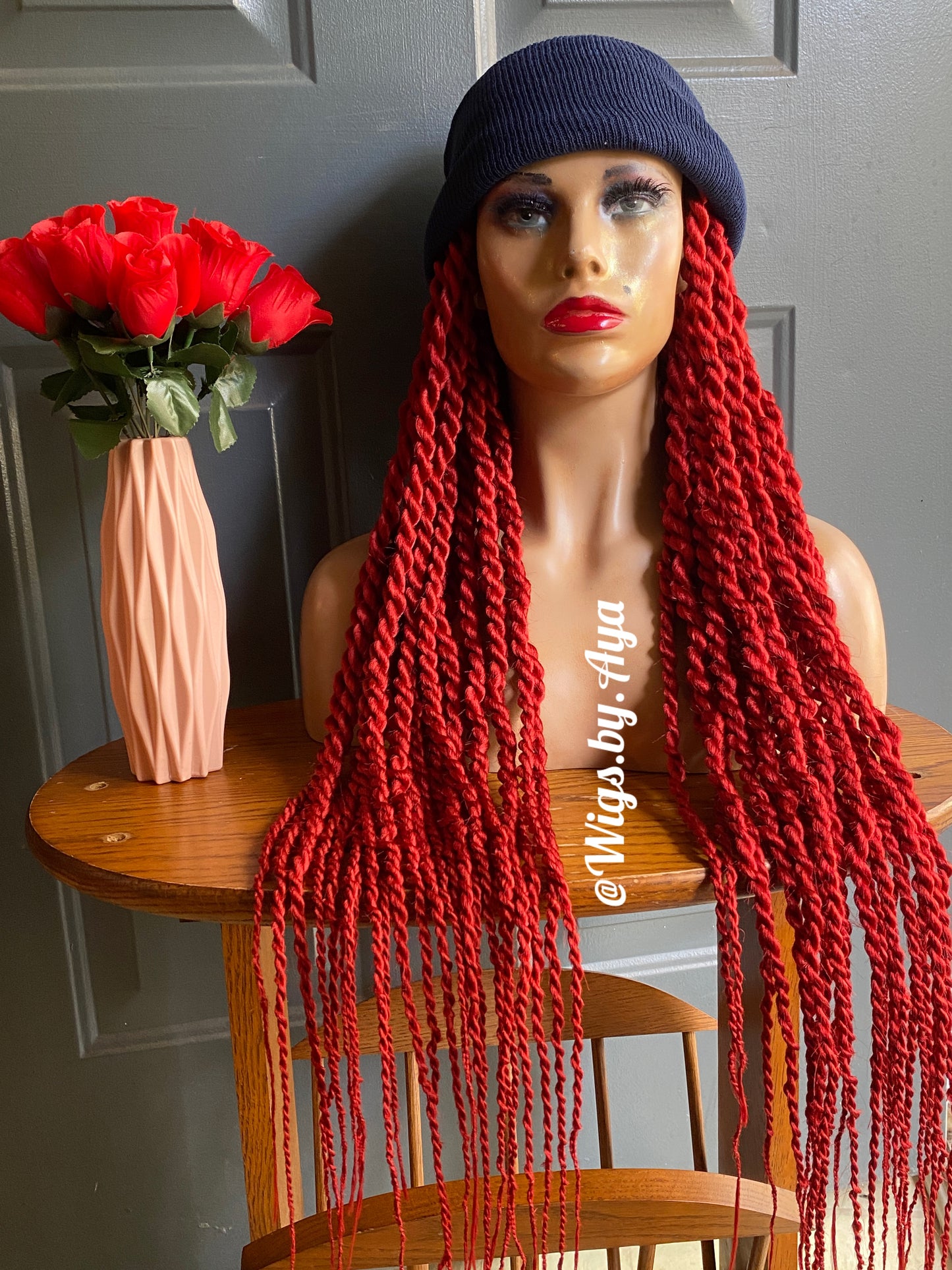 Beanie Hat with twists braids. Hat wig twists braids.
