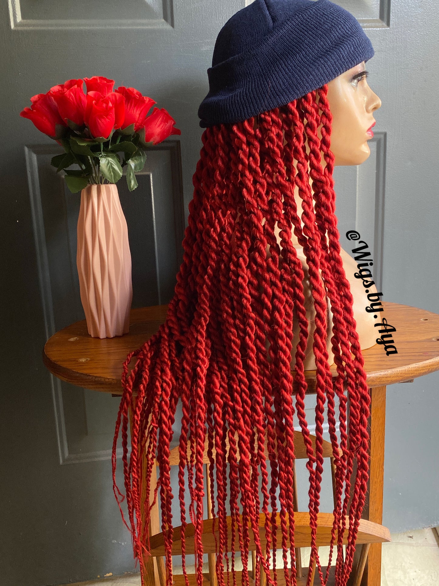 Beanie Hat with twists braids. Hat wig twists braids.