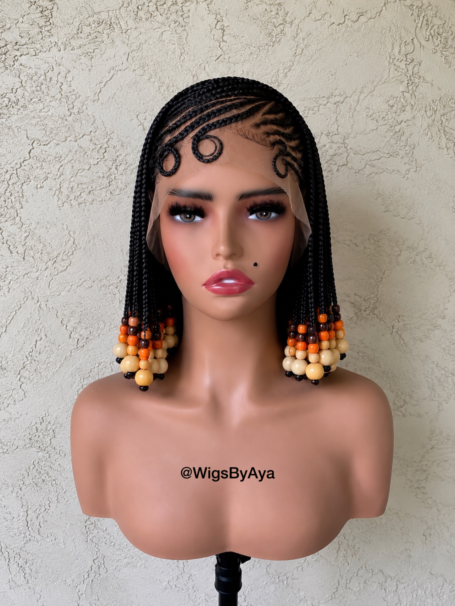Handmade Bob Braided Full Lace Wig with Wooden Beads