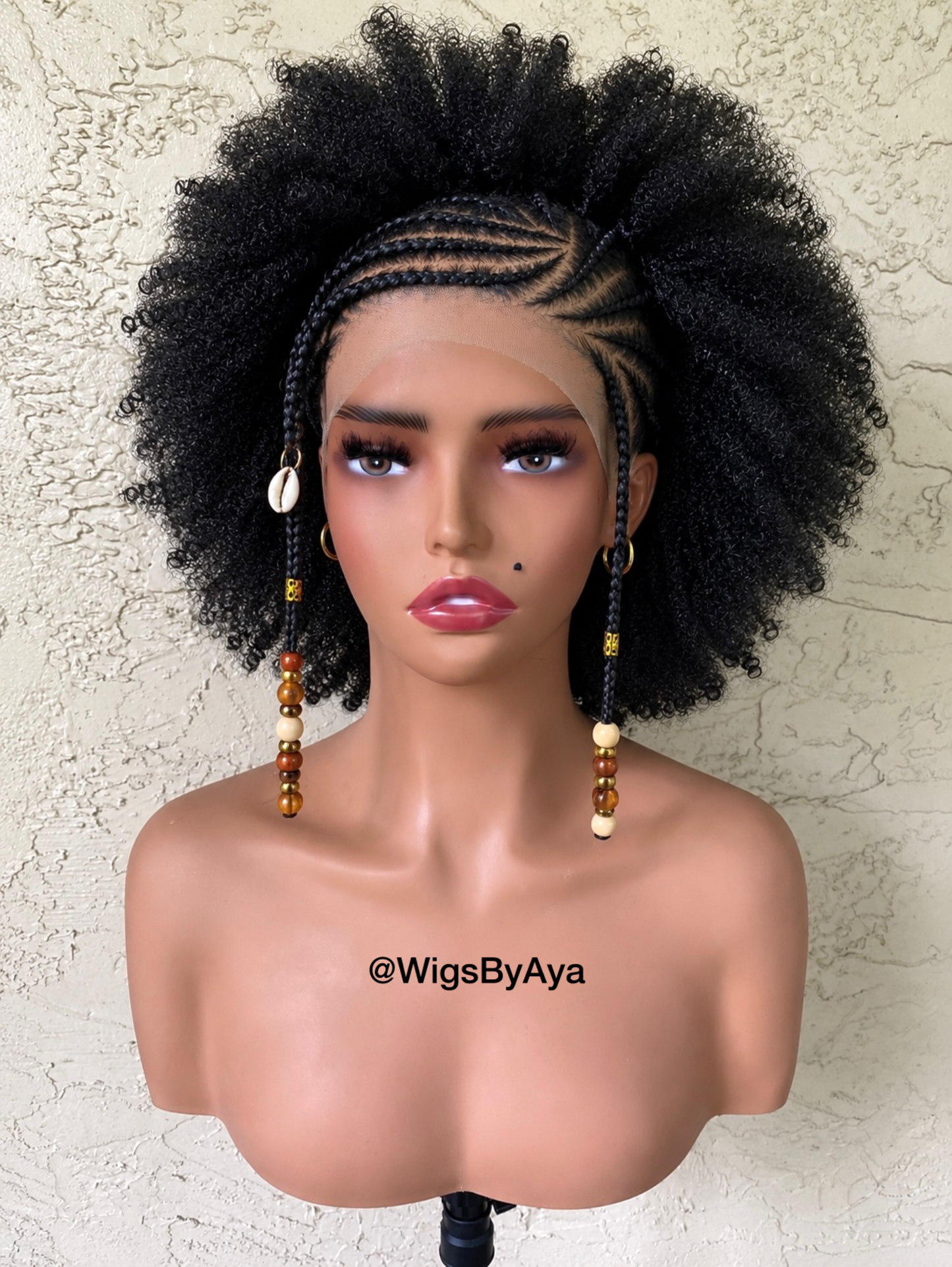 Handmade Afro Puff Cornrow Braided Wig with Beads | Natural Protective Style Lace Front Wig