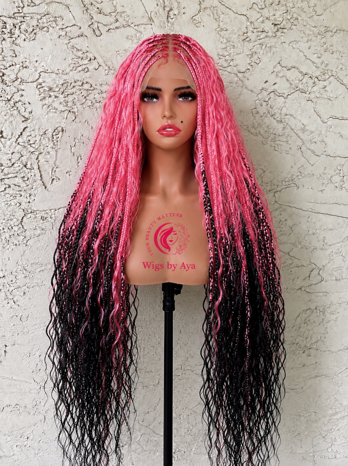 Luxury Custom-Color Human Hair Lace Front Boho Braided Wig (26in) - Custom Pink & Black, Handmade, Pre-Styled, Party-Ready, Daily wear, Wigs by Aya