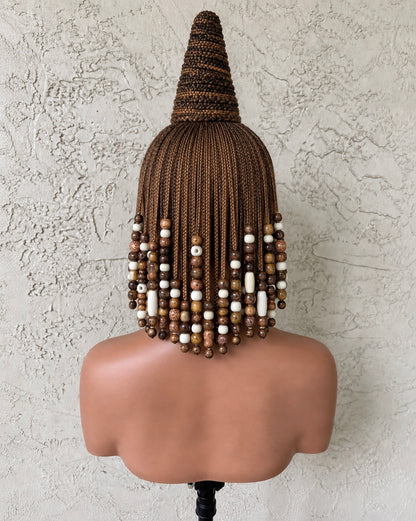 Aya Royal Beaded Cone Braid Wig – luxury, handmade wearable-art wig, |Human Hair Full Lace Wig, Adorned with Wooden Beads.