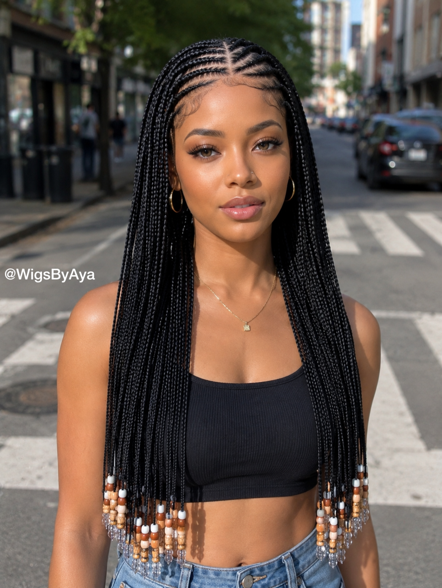 Small Knotless Braids Wig | Tribal Stitch Cornrow Front | Beaded Ends | Glueless Braided Wig