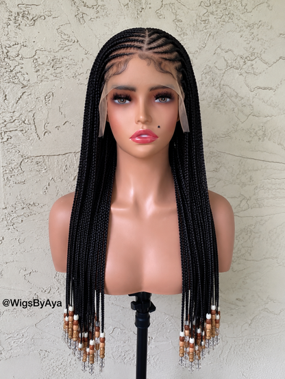 Small Knotless Braids Wig | Tribal Stitch Cornrow Front | Beaded Ends | Glueless Braided Wig