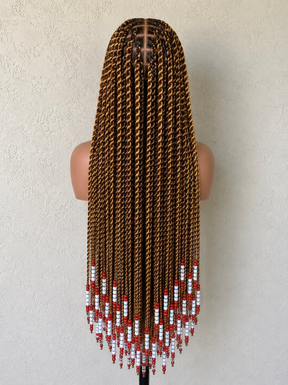 Long Senegalese Twists Full Lace Wig with Red & White Beads | Handmade Braided Wig