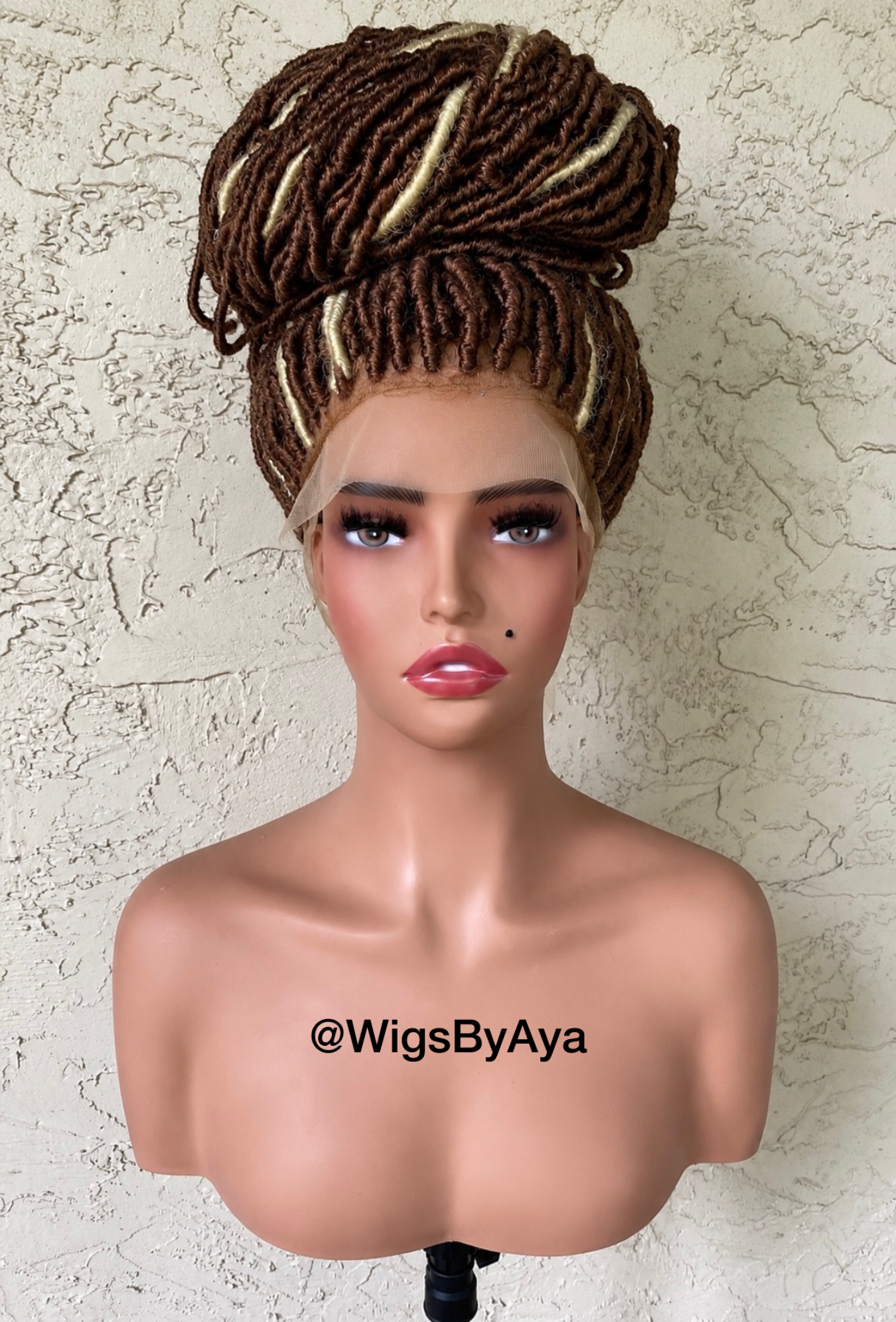 Handmade Full Lace Brown Highlighted Faux Loc Wig – Boho Goddess Locs High Bun | Glueless Protective Style