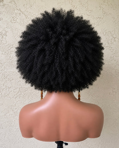 Handmade Afro Puff Cornrow Braided Wig with Beads | Natural Protective Style Lace Front Wig