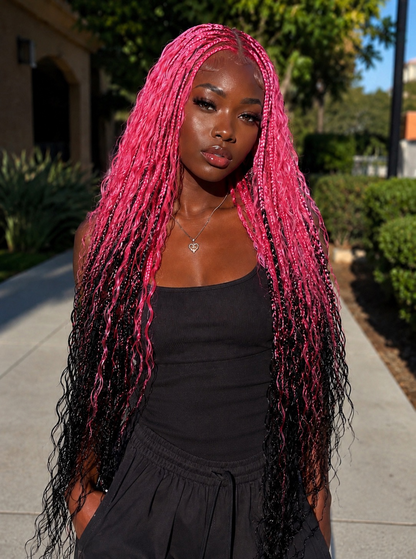 Luxury Custom-Color Human Hair Lace Front Boho Braided Wig (26in) - Custom Pink & Black, Handmade, Pre-Styled, Party-Ready, Daily wear, Wigs by Aya