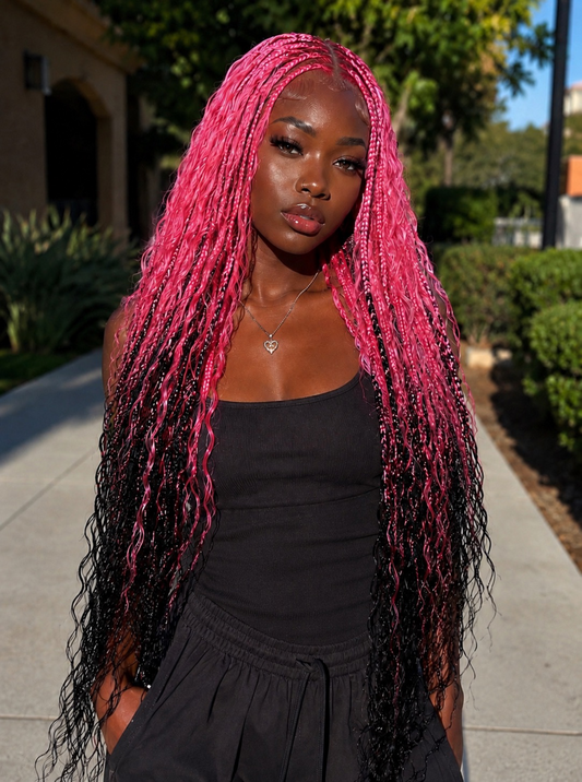 Luxury Custom-Color Human Hair Lace Front Boho Braided Wig (26in) - Custom Pink & Black, Handmade, Pre-Styled, Party-Ready, Daily wear, Wigs by Aya