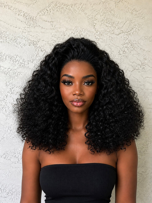 Deep Wave Human Hair Lace Front Wig with Pre-Plucked Line, Unprocessed Hair, Anti-Slip Clips, Natural Growth Design.