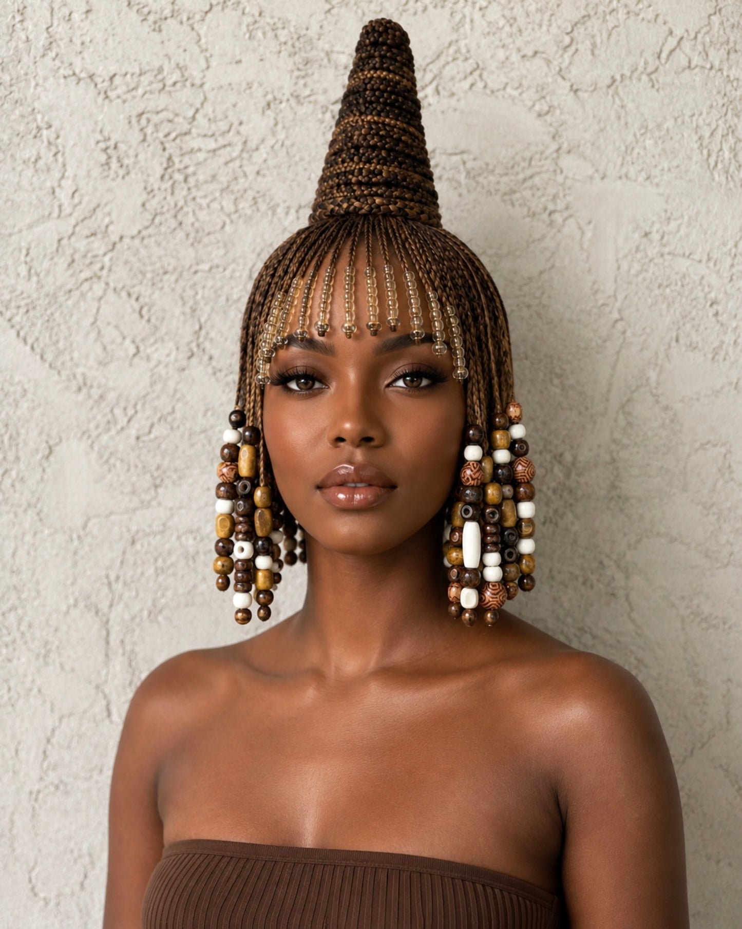 Aya Royal Beaded Cone Braid Wig – luxury, handmade wearable-art wig, |Human Hair Full Lace Wig, Adorned with Wooden Beads.