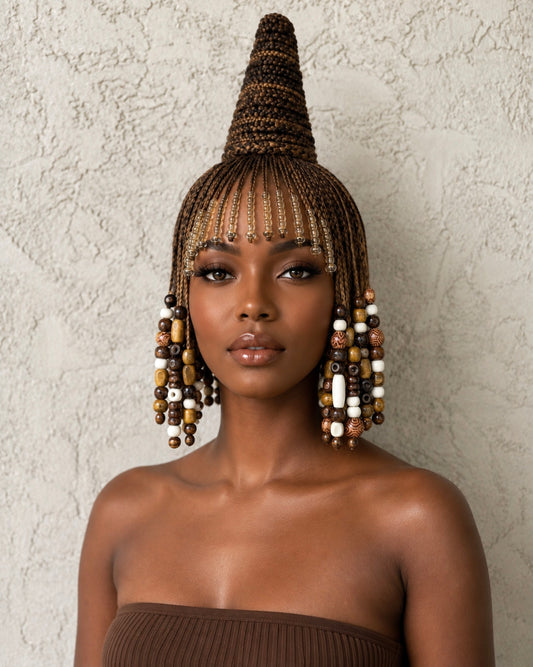 Aya Royal Beaded Cone Braid Wig – luxury, handmade wearable-art wig, |Human Hair Full Lace Wig, Adorned with Wooden Beads.