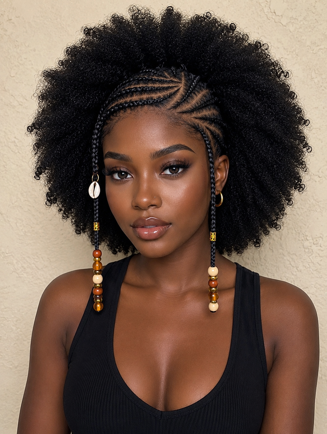 Handmade Afro Puff Cornrow Braided Wig with Beads | Natural Protective Style Lace Front Wig