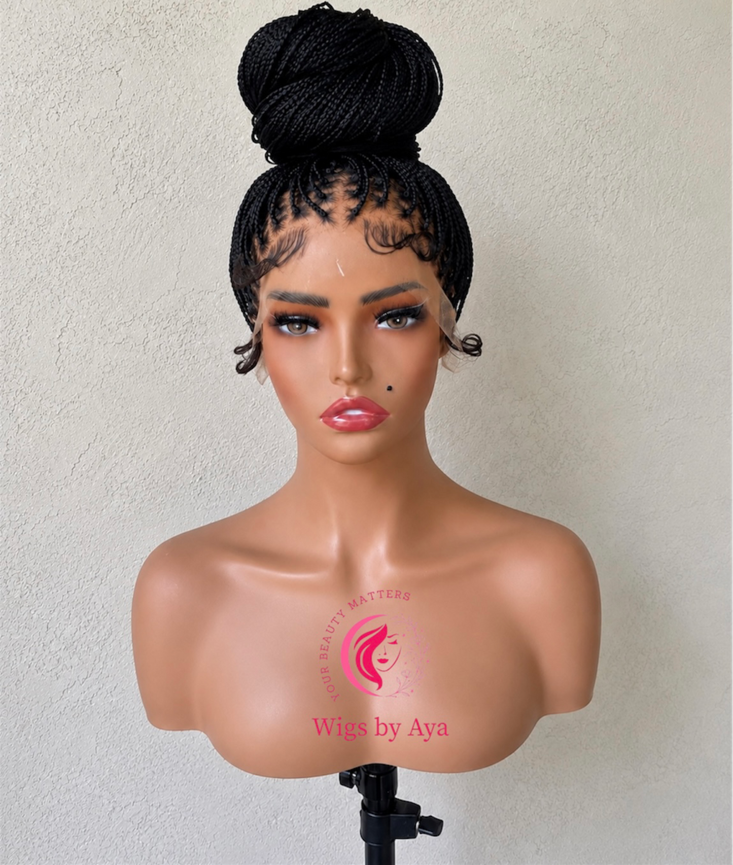 Luxury Full Lace Small Knotless Braided Wig - Made with Full Lace Human Hair, Black with Baby Hair, Bun Style for Daily Wear.
