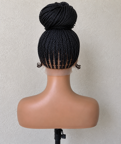 Luxury Full Lace Small Knotless Braided Wig - Made with Full Lace Human Hair, Black with Baby Hair, Bun Style for Daily Wear.