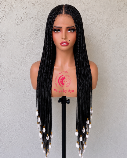 Full Lace Knotless Braided Wig with Cowrie Shells Made with Full Lace Human Hair.