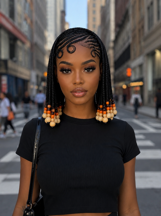 Handmade Bob Braided Full Lace Wig with Wooden Beads