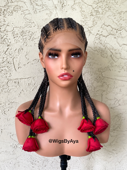 Luxury Handmade Full Lace Rose Braided Wig | Custom Cornrow Braided Wig | Floral Statement Wig