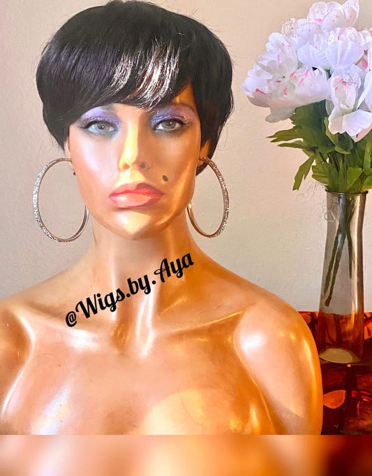 Pixie cut human hair wig.