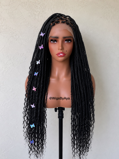 Handmade Full Lace Goddess Faux Loc Wig – Long Black Curly End Locs | Glueless Protective Wig