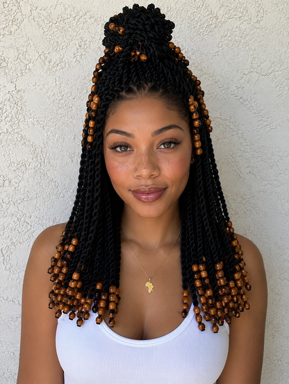 Handmade Senegalese Twist Wig with Wooden Beads | Protective Braided Full Lace Wig