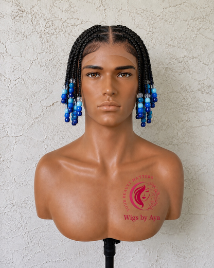 Men’s Full Lace Human Hair Braided Wig with Beads.