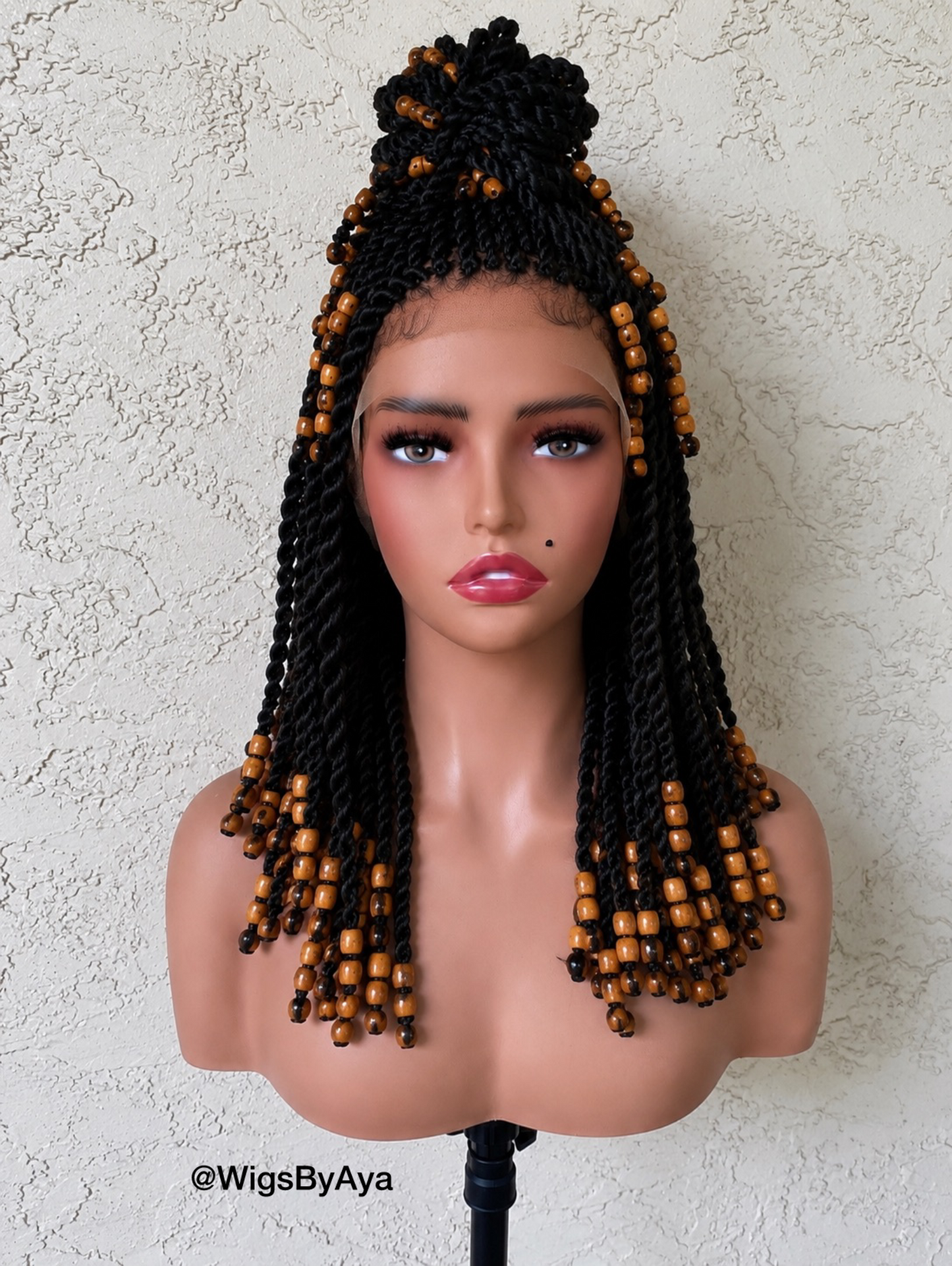 Handmade Senegalese Twist Wig with Wooden Beads | Protective Braided Full Lace Wig