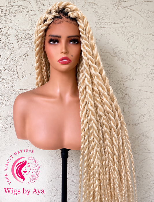613 Blonde Jumbo Twist Braided Full Lace Wig – Handmade Knotless Twist Wig | Glueless HD Lace | Wigs by Aya