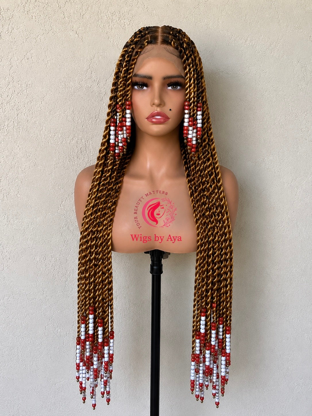 Long Senegalese Twists Full Lace Wig with Red & White Beads | Handmade Braided Wig