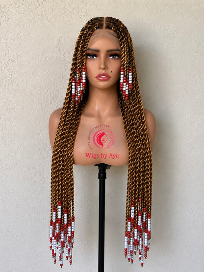 Long Senegalese Twists Full Lace Wig with Red & White Beads | Handmade Braided Wig