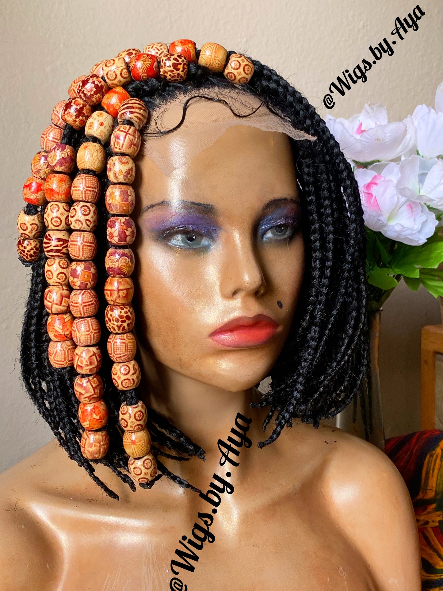 Short Bob box braids braided wig with wooden beads.
