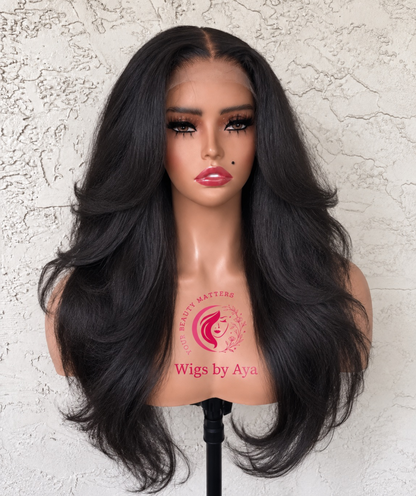 Midnight Muse – Long Layered Kinky straight Human Hair Wig.
