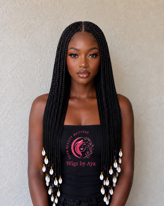 Full Lace Knotless Braided Wig with Cowrie Shells Made with Full Lace Human Hair.