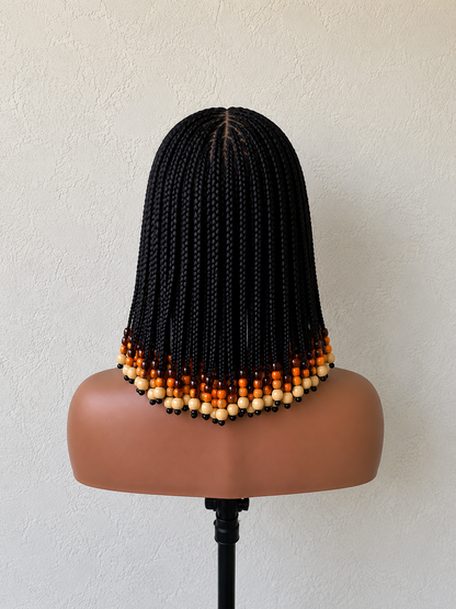 Handmade Bob Braided Full Lace Wig with Wooden Beads
