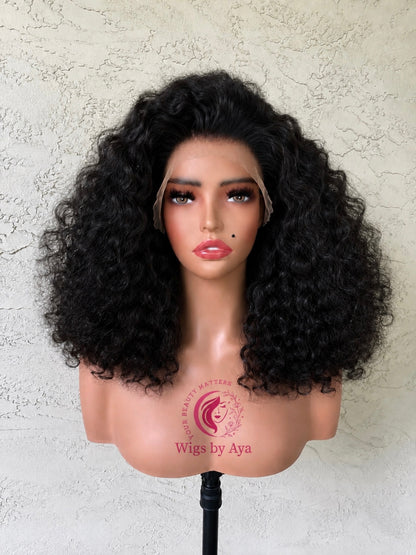 Deep Wave Human Hair Lace Front Wig with Pre-Plucked Line, Unprocessed Hair, Anti-Slip Clips, Natural Growth Design.
