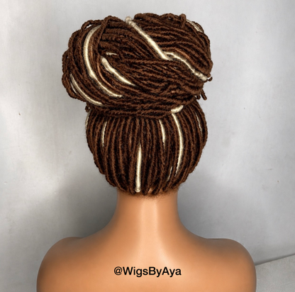 Handmade Full Lace Brown Highlighted Faux Loc Wig – Boho Goddess Locs High Bun | Glueless Protective Style