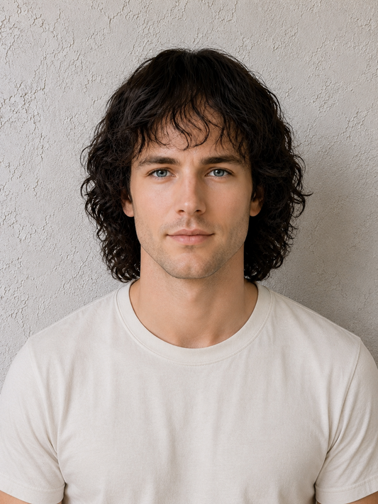 Men’s Human Hair Curly Lace Front Wig - Natural Black, Pre-Plucked Line, Deep Waves, Natural Growth, Anti-Slip Clips, for Daily Wear.