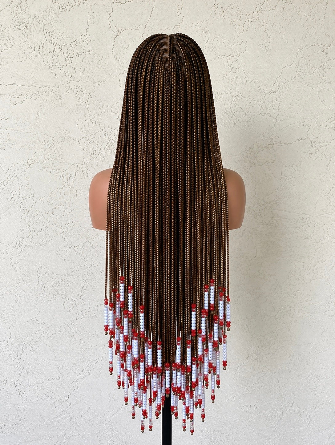 Long knotless Full Lace Wig with Red & White Beads | Handmade Braided Wig