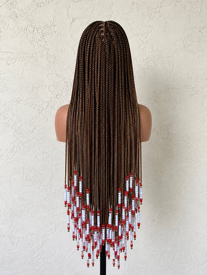 Long knotless Full Lace Wig with Red & White Beads | Handmade Braided Wig