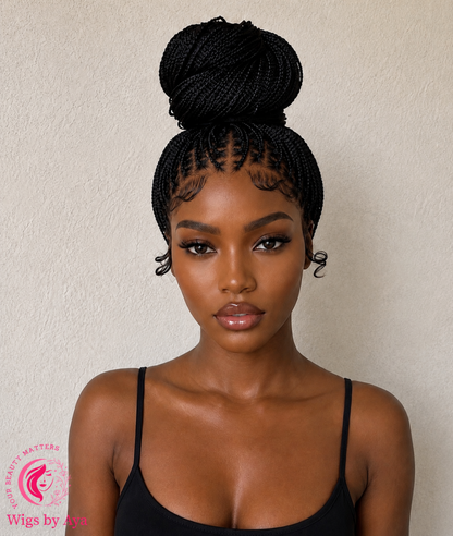 Luxury Full Lace Small Knotless Braided Wig - Made with Full Lace Human Hair, Black with Baby Hair, Bun Style for Daily Wear.