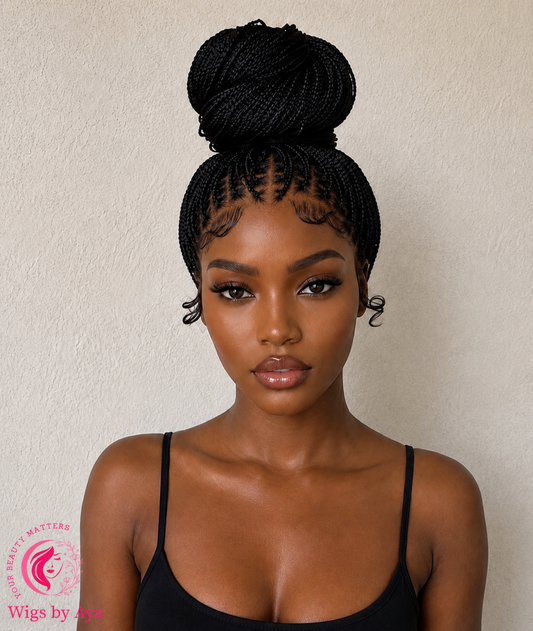 Luxury Full Lace Small Knotless Braided Wig - Made with Full Lace Human Hair, Black with Baby Hair, Bun Style for Daily Wear.