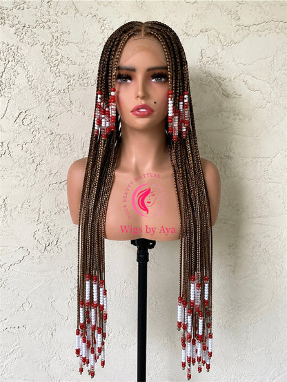 Long knotless Full Lace Wig with Red & White Beads | Handmade Braided Wig