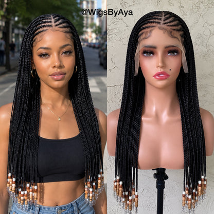 Small Knotless Braids Wig | Tribal Stitch Cornrow Front | Beaded Ends | Glueless Braided Wig
