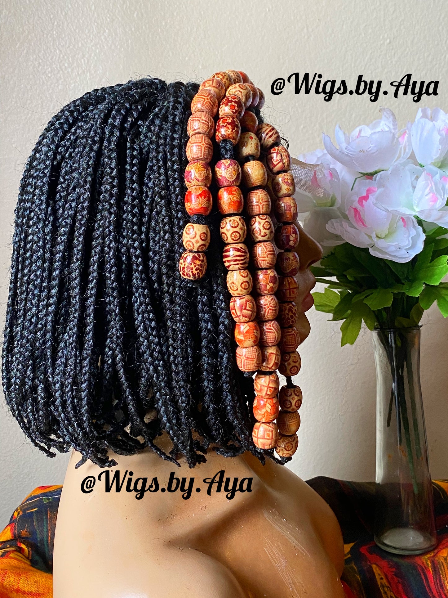 Short Bob box braids braided wig with wooden beads.