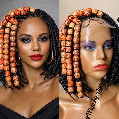 Short Bob box braids braided wig with wooden beads.