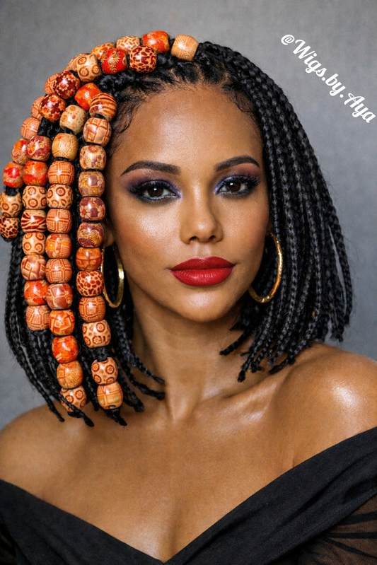 Short Bob box braids braided wig with wooden beads.